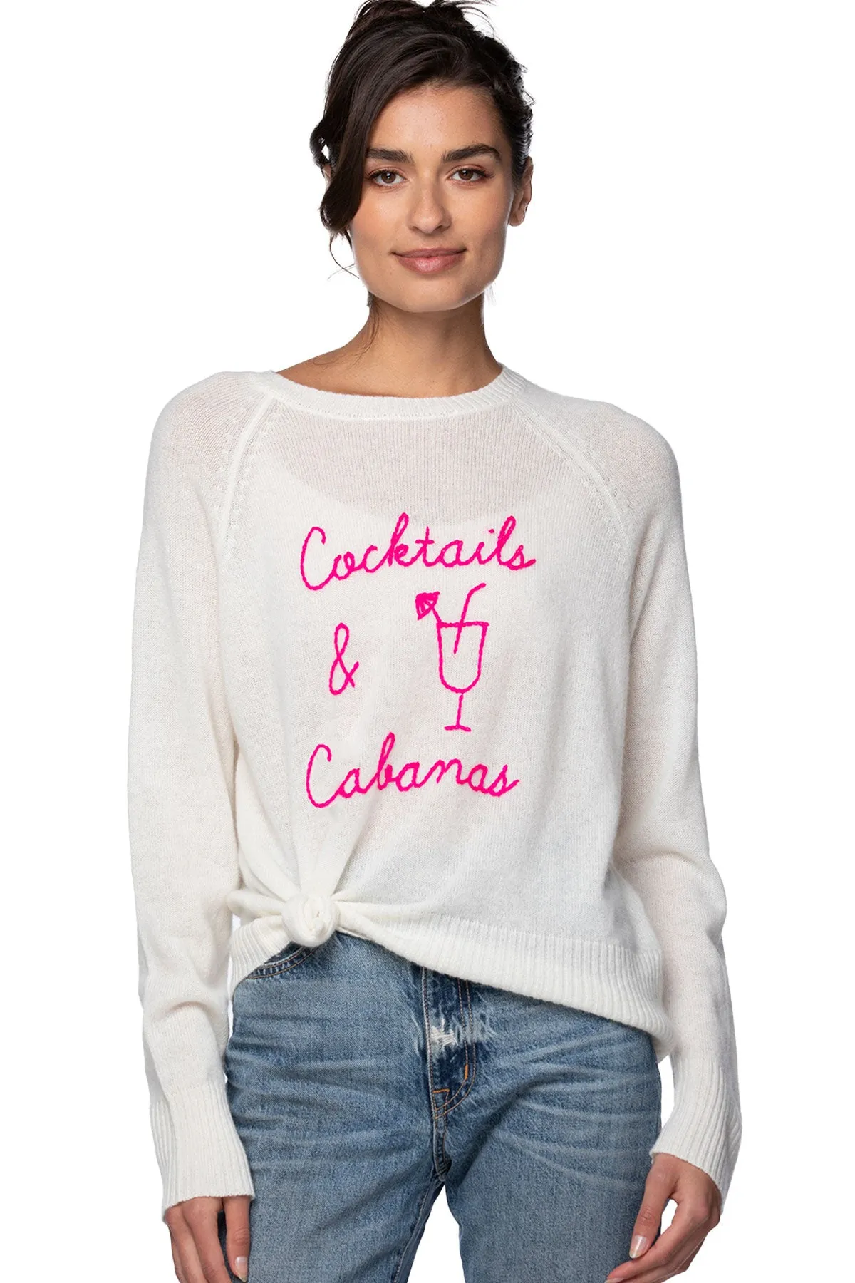 100% Cashmere Crew | Cocktails & Cabanas Embroidery Sweater