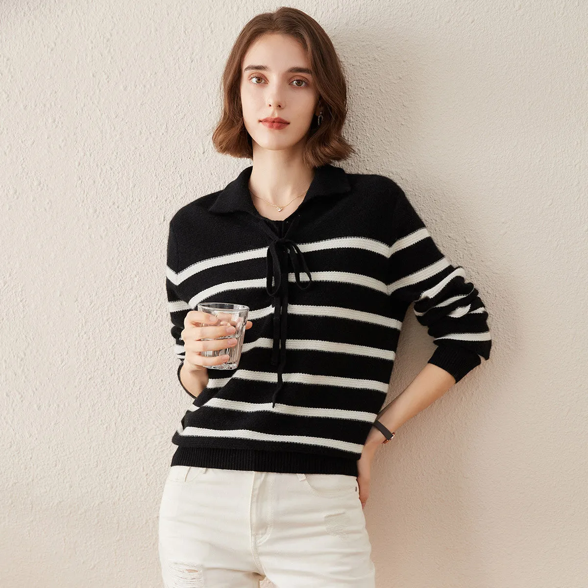 100% Cashmere Striped Lace-up Collar Sweater