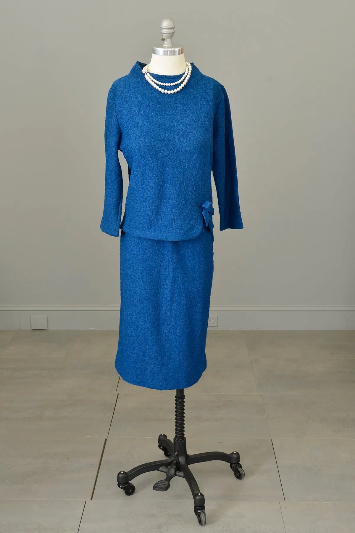 1950s Blue Textured Knit Top Sweater Skirt Set