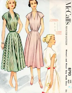 1950s LOVELY Summer Dress Pattern McCalls 8793 V Neck Dress,Front Pleated Skirt,Bust 30 Vintage Sewing Pattern