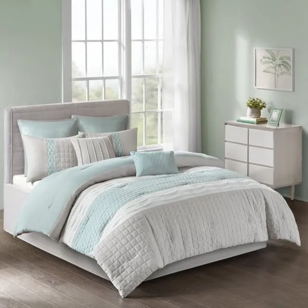 510 Design Josefina Comforter  8 piece Set, Seafoam and Grey - Queen