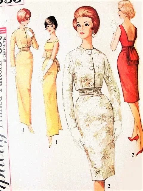 60s Elegant MAD MEN Evening Cocktail Wiggle Dress Gown SIMPLICITY Pattern 4653 Low Back Obi-Sash Short Jacket Oriental Style Bust 32 Vintage Sewing Pattern