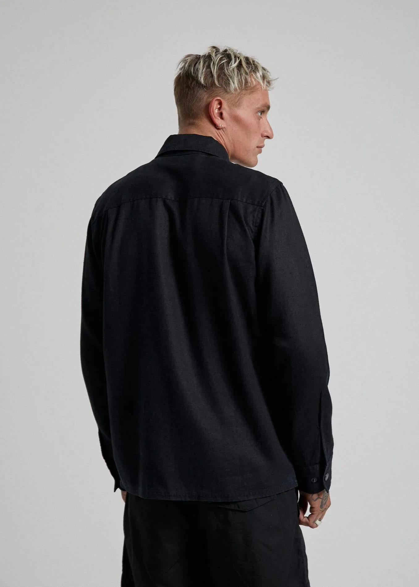 Afends Mens Late Start - Hemp Work Long Sleeve Shirt - Black