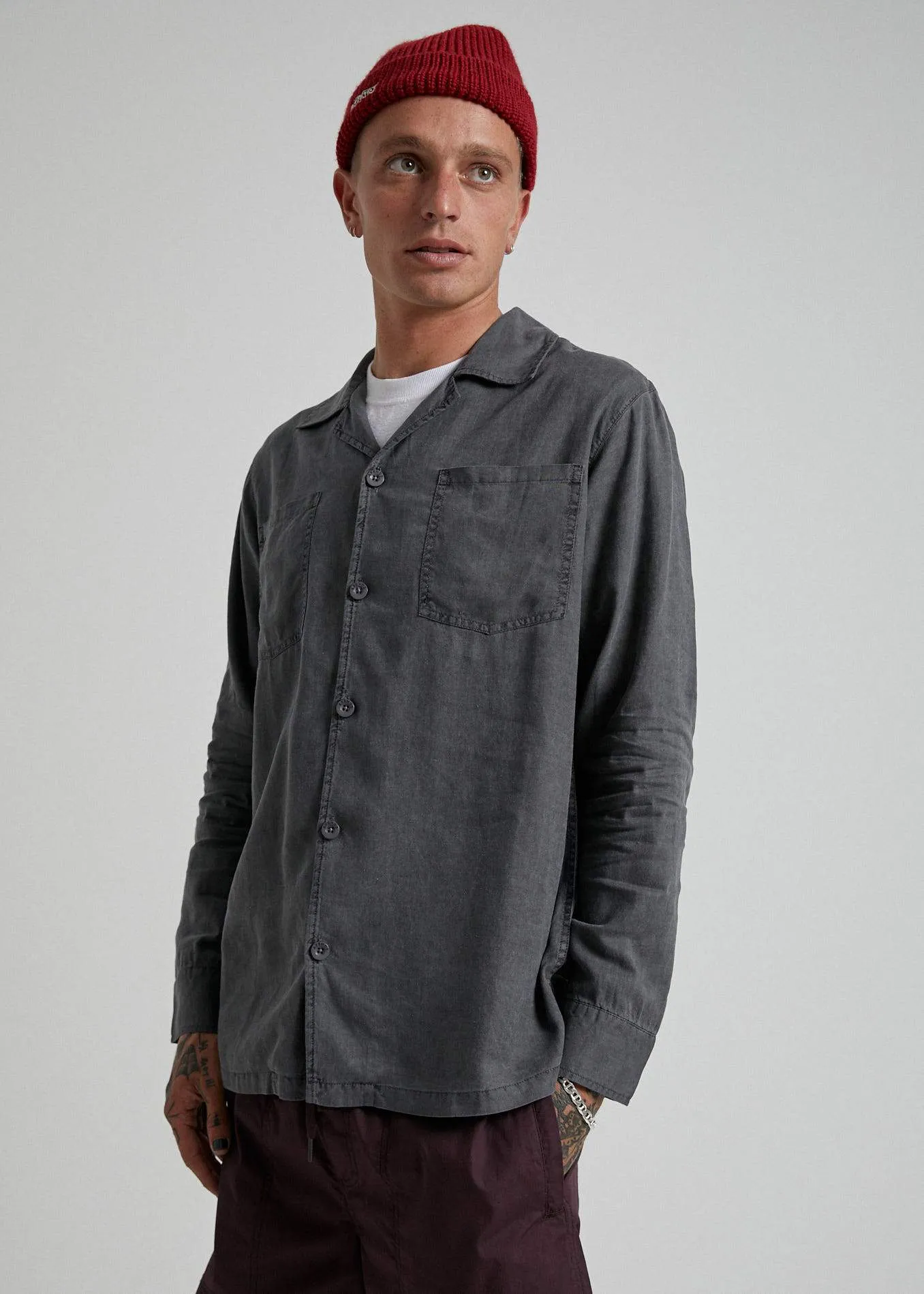 Afends Mens Mota - Hemp Long Sleeve Shirt - Stone Black