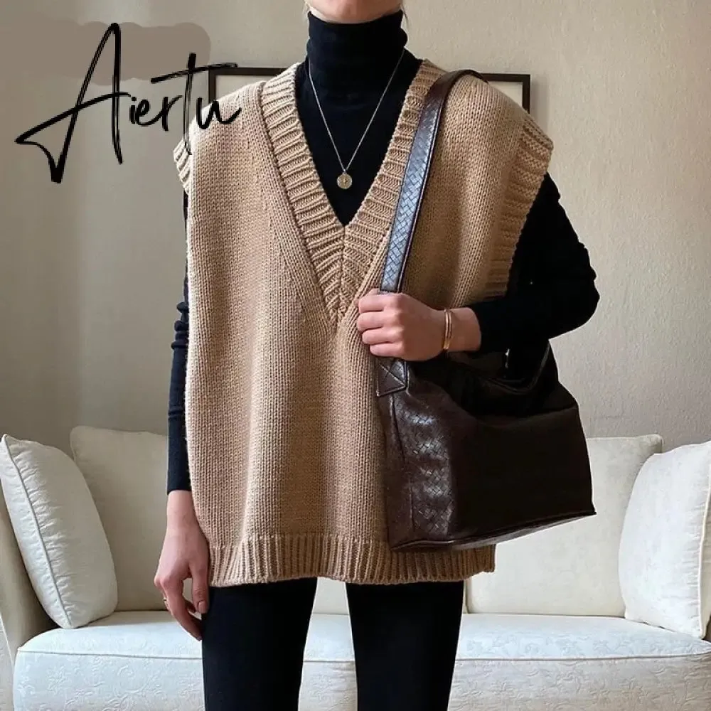 Aiertu V Neck Knitted Vest Sweater Sleeveless Women Khaki Casual Pullover Black Autumn Winter Gray Jumper Fashion