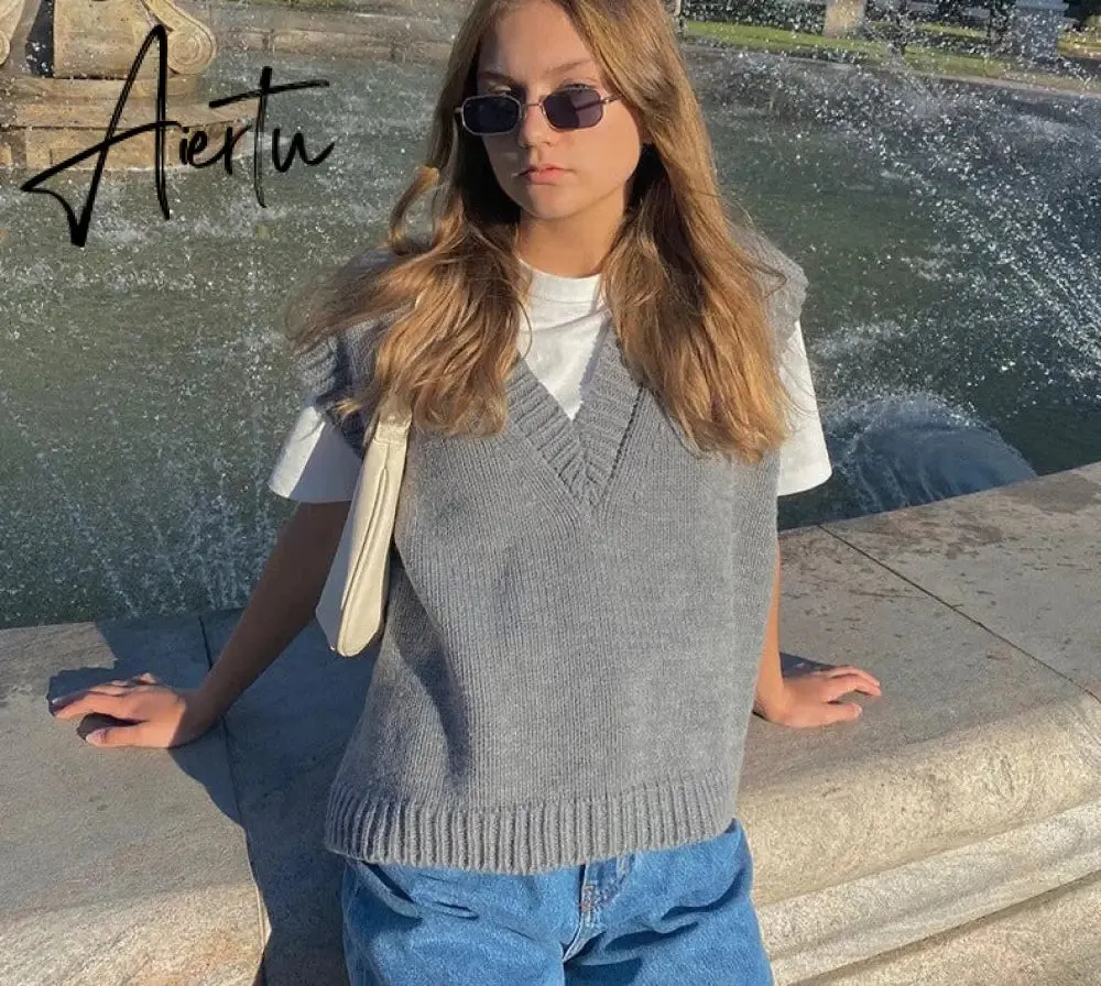 Aiertu V Neck Knitted Vest Sweater Sleeveless Women Khaki Casual Pullover Black Autumn Winter Gray Jumper Fashion