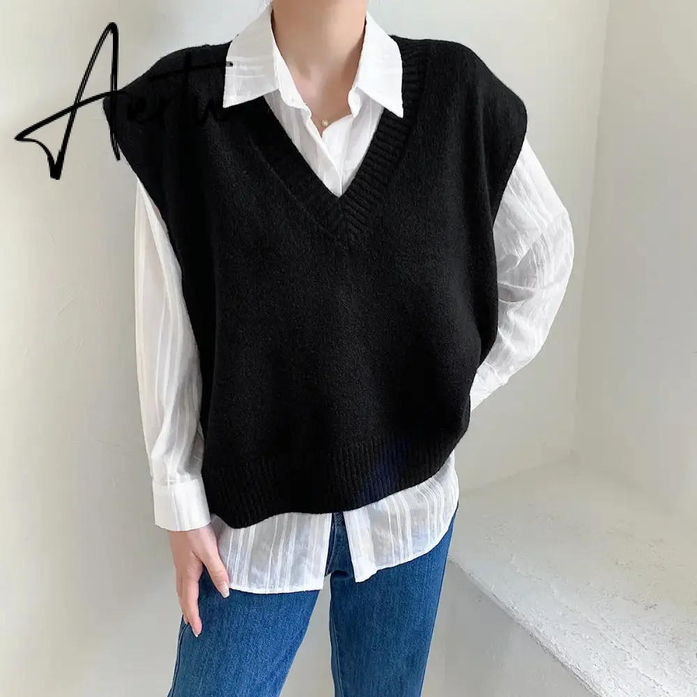 Aiertu V Neck Knitted Vest Sweater Sleeveless Women Khaki Casual Pullover Black Autumn Winter Gray Jumper Fashion