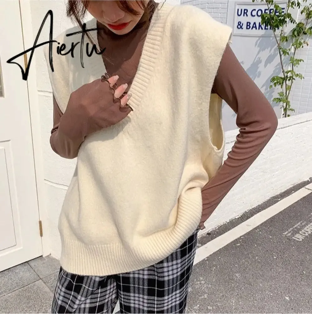 Aiertu V Neck Knitted Vest Sweater Sleeveless Women Khaki Casual Pullover Black Autumn Winter Gray Jumper Fashion