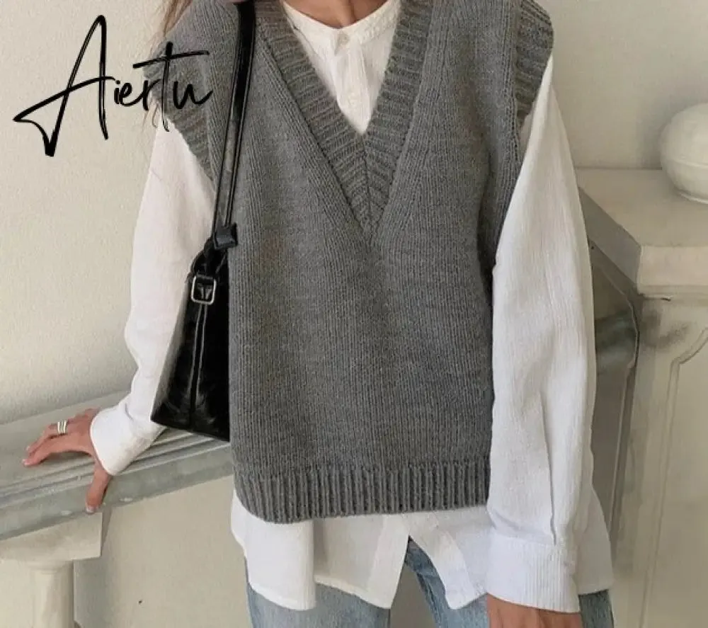 Aiertu V Neck Knitted Vest Sweater Sleeveless Women Khaki Casual Pullover Black Autumn Winter Gray Jumper Fashion