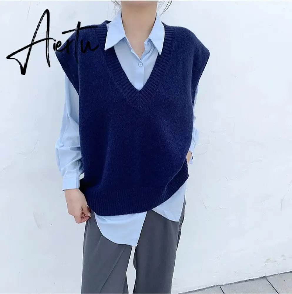 Aiertu V Neck Knitted Vest Sweater Sleeveless Women Khaki Casual Pullover Black Autumn Winter Gray Jumper Fashion