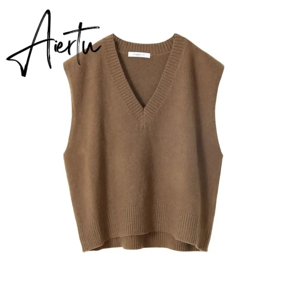 Aiertu V Neck Knitted Vest Sweater Sleeveless Women Khaki Casual Pullover Black Autumn Winter Gray Jumper Fashion