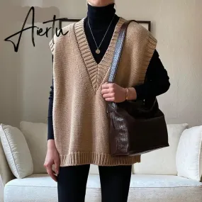 Aiertu V Neck Knitted Vest Sweater Sleeveless Women Khaki Casual Pullover Black Autumn Winter Gray Jumper Fashion