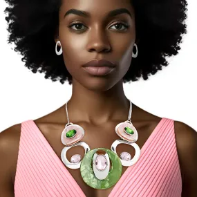 AKA Pink and Green Alpha Kappa Alpha Circular Bib Necklace for Women