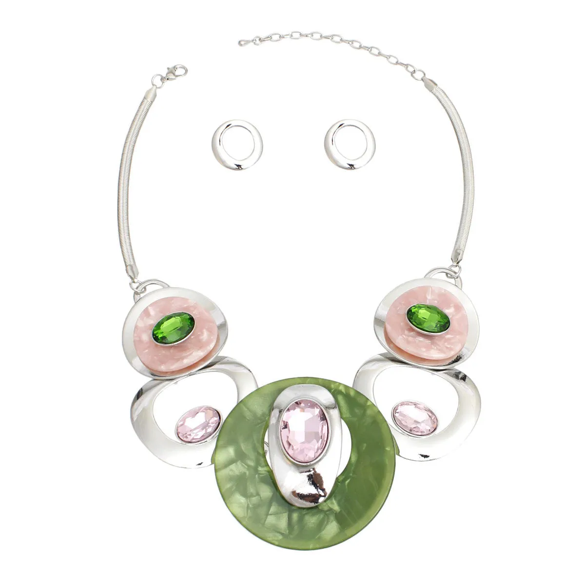 AKA Pink and Green Alpha Kappa Alpha Circular Bib Necklace for Women