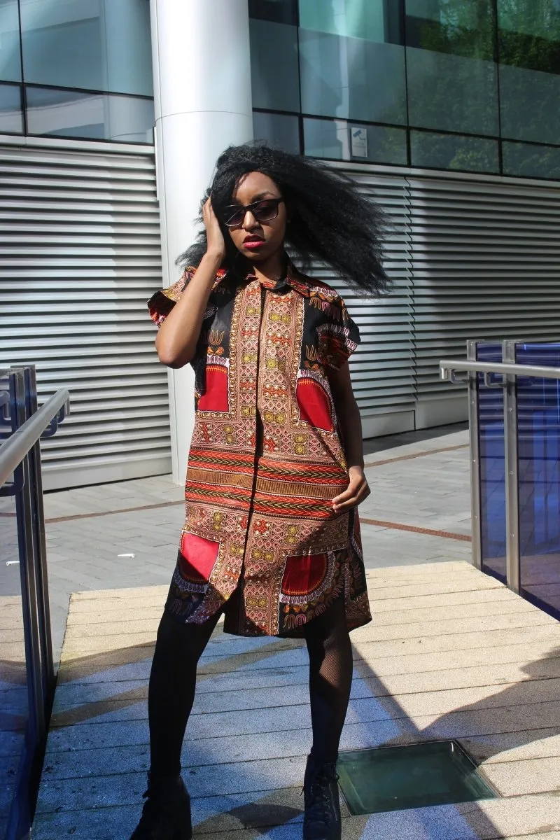 Aztec Dress, African Shirt Dress in Black Dashiki Print - Festival Dress