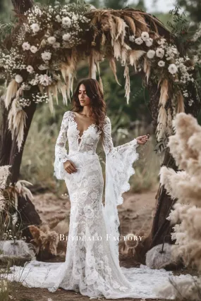 Bell Sleeves Bohemian Lace Mermaid Destination Wedding Gown