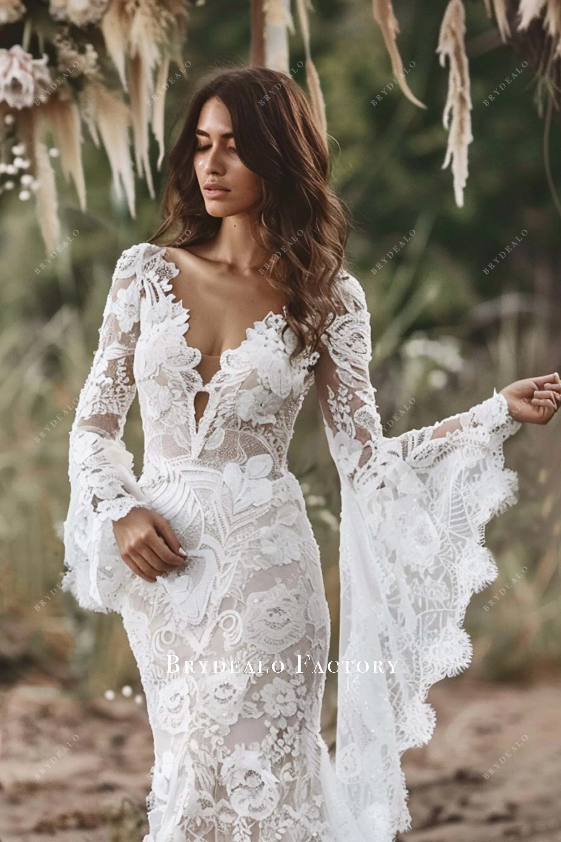 Bell Sleeves Bohemian Lace Mermaid Destination Wedding Gown