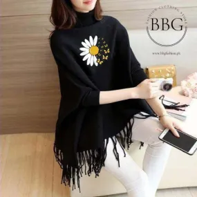 Black Daisy Flower Printed Poncho