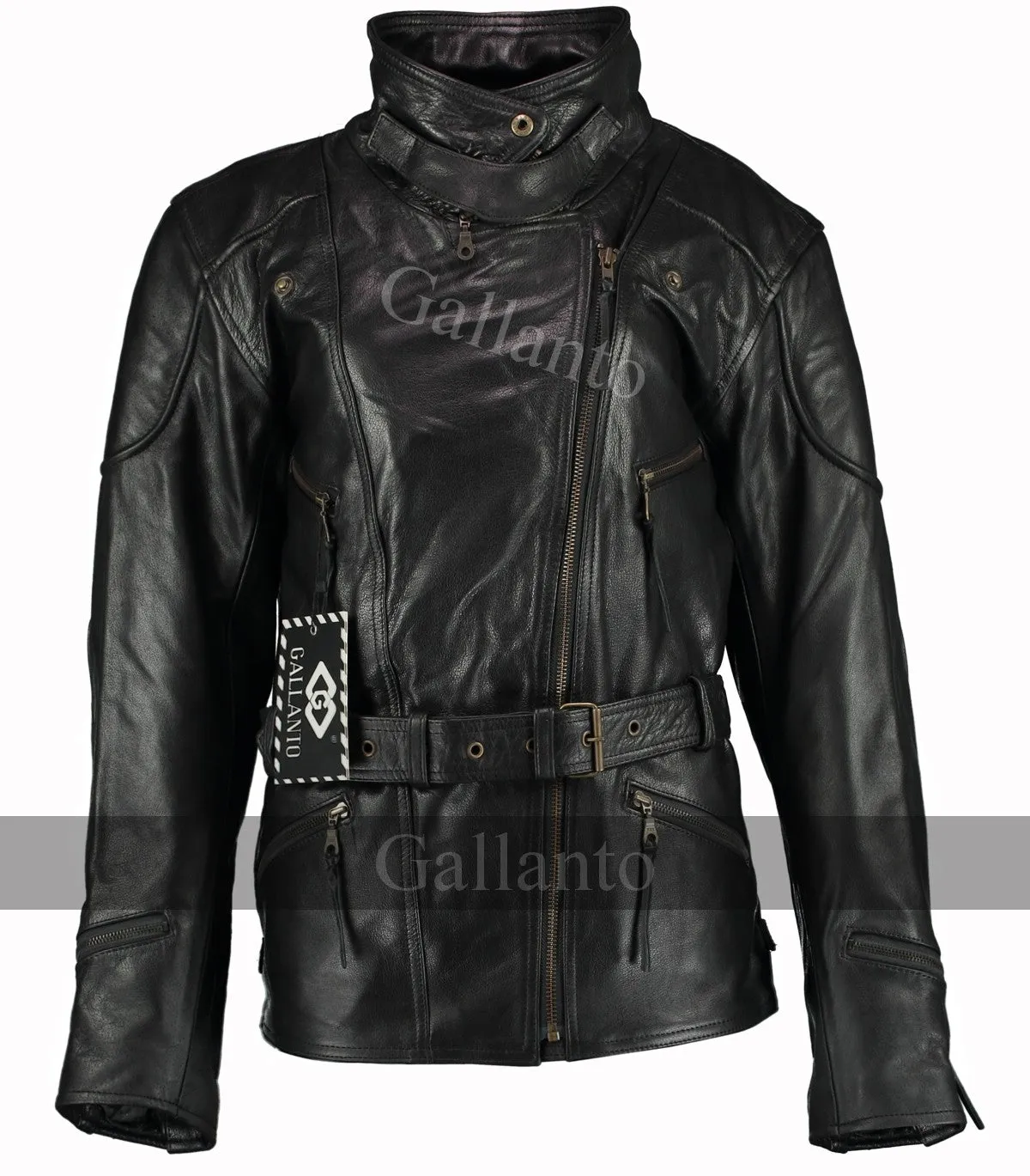 Black Demi Womens Long Leather Biker Jacket