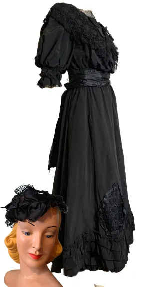 Black Faille Lace and Bow Trimmed Two Piece Mourning Dress and Hat circa 1910s