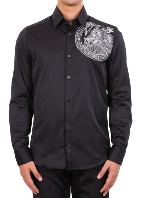 Black Silver Meander Lion Rhinestone Shirt