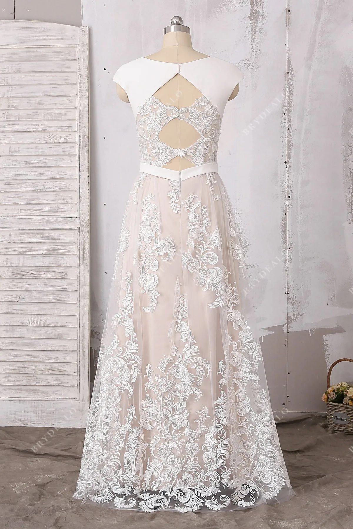 Bohemian Lace Satin Cap Sleeve Slit Wedding Dress