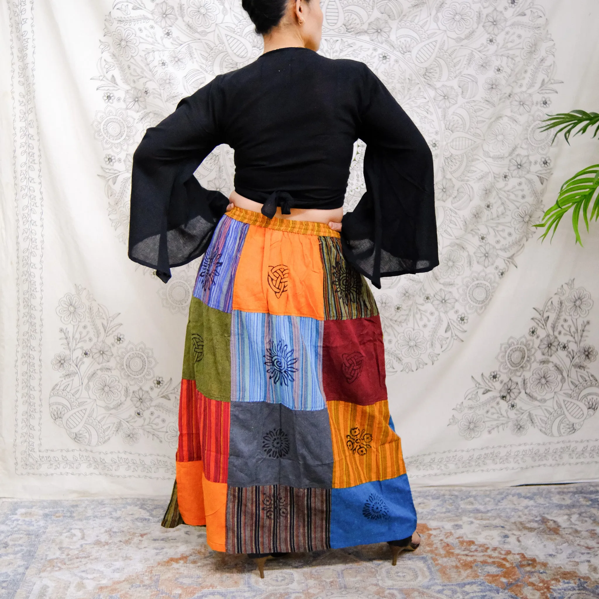 Bohemian Patchwork Cotton Skirt with Pockets