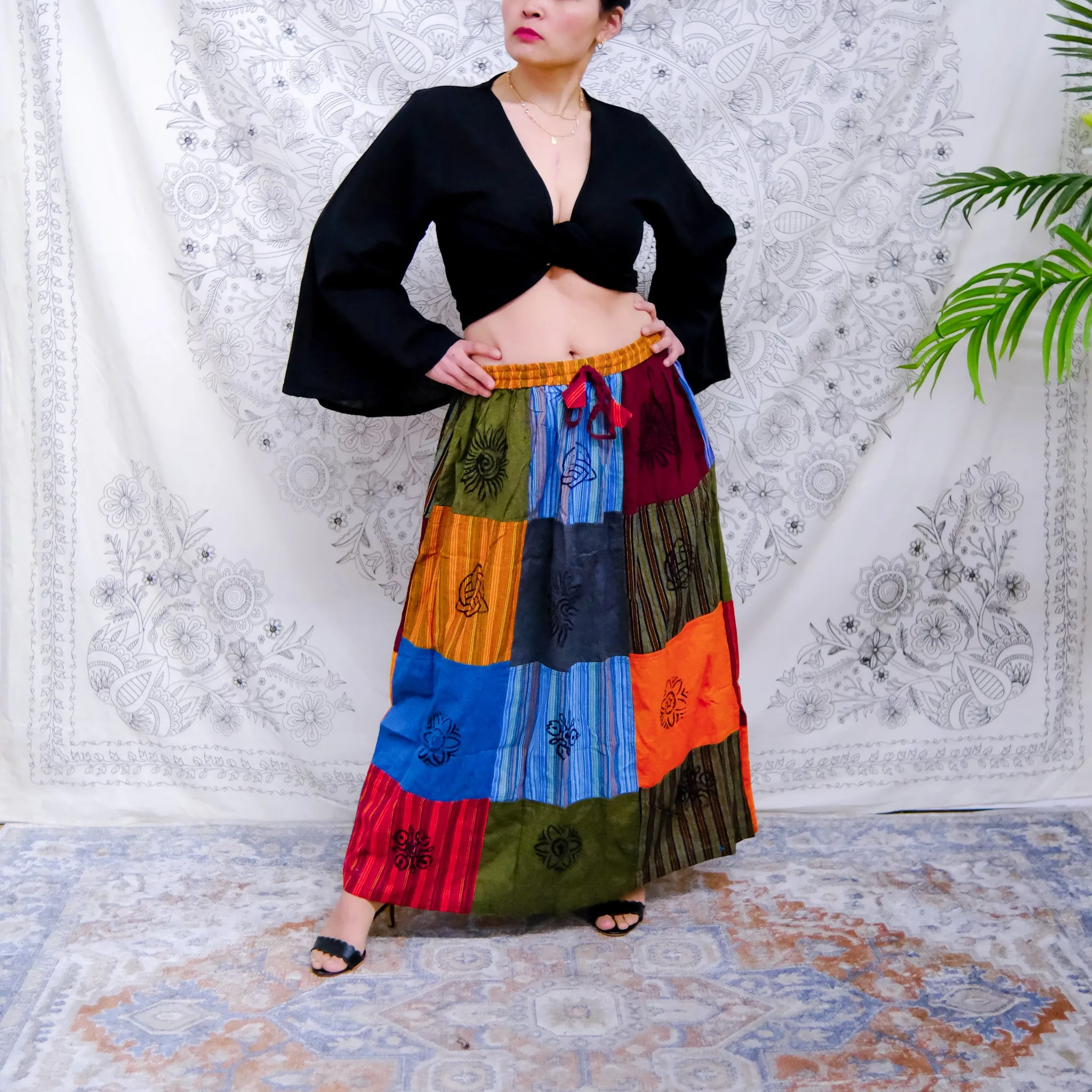 Bohemian Patchwork Cotton Skirt with Pockets