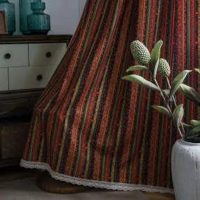 Bohemian Rustic Linen Curtain with White Laces Red Stripes