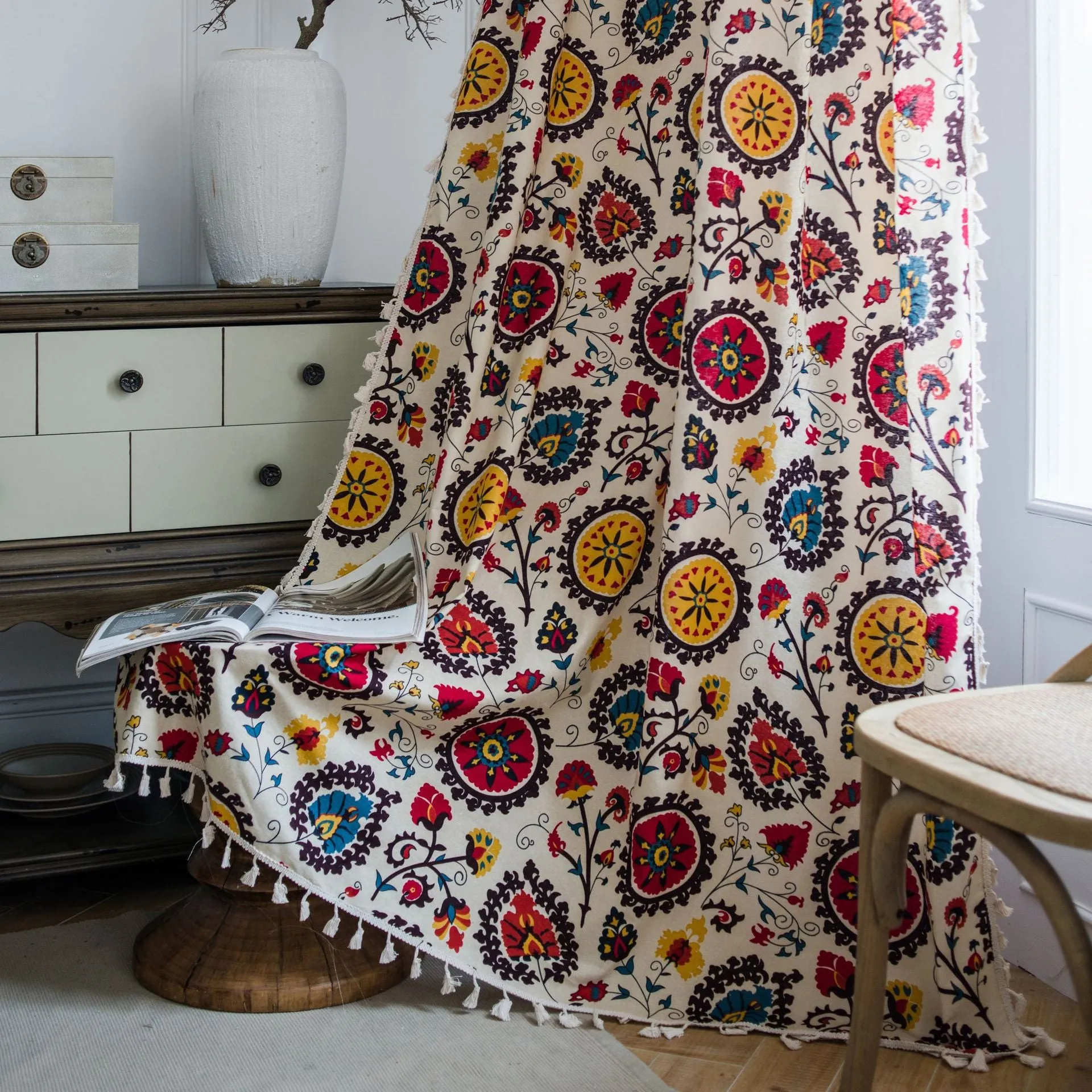 Bohemian Style Curtain with Geometric Floral Print