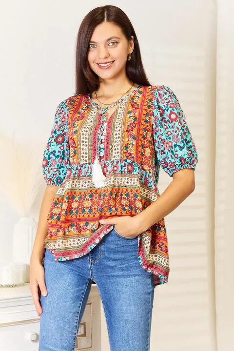 Bohemian Tassel Tie Babydoll Blouse