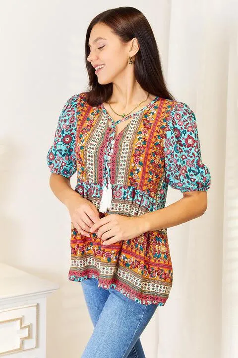 Bohemian Tassel Tie Babydoll Blouse