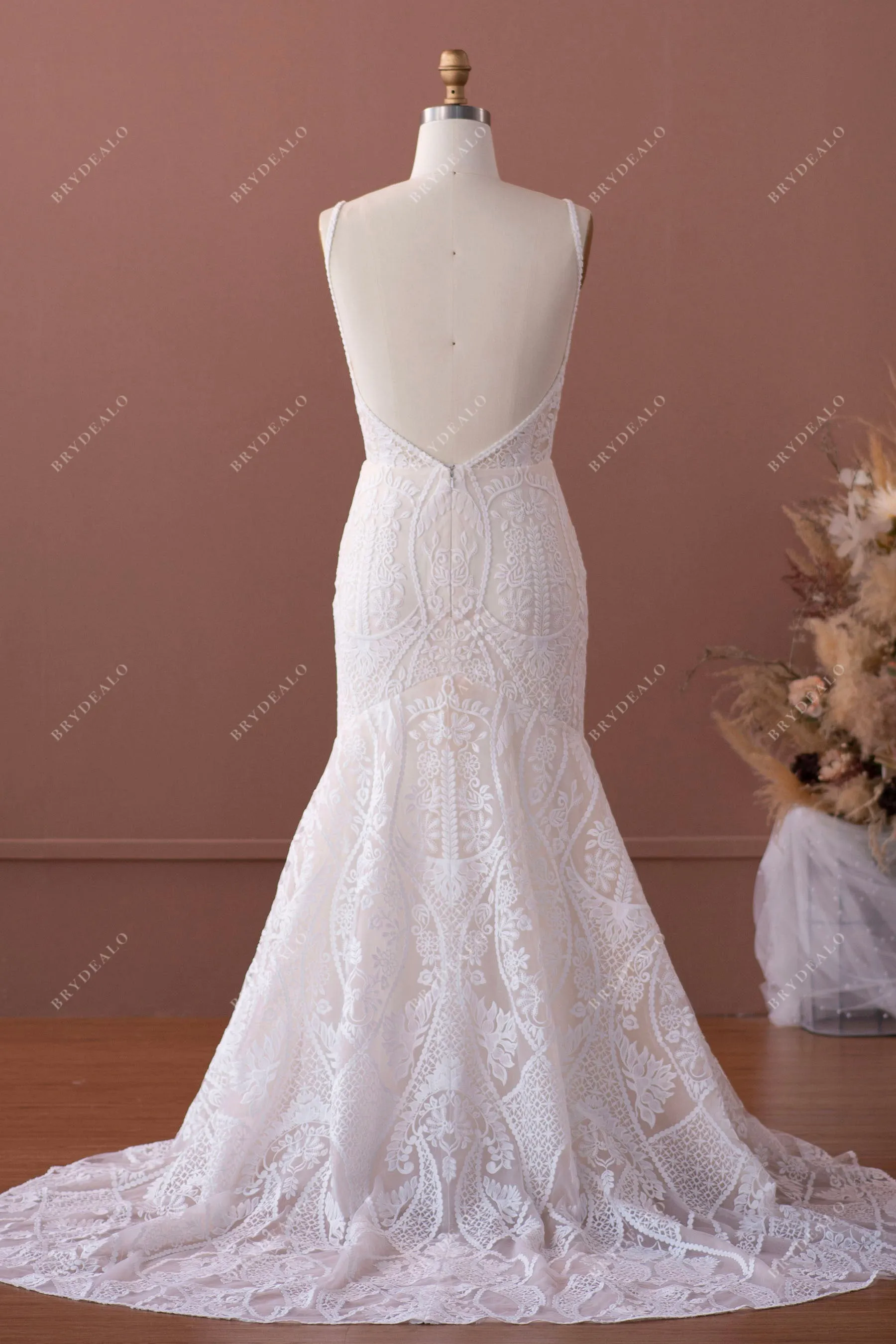 Boho Plunging Lace Mermaid Wedding Dress