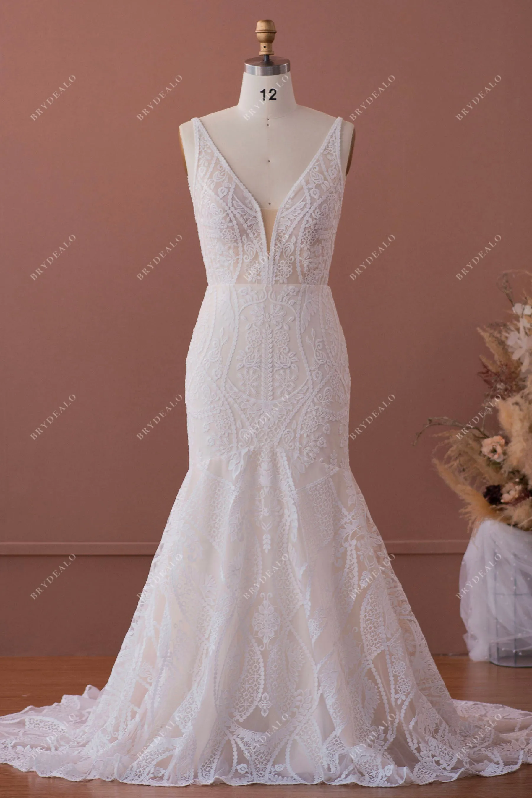 Boho Plunging Lace Mermaid Wedding Dress