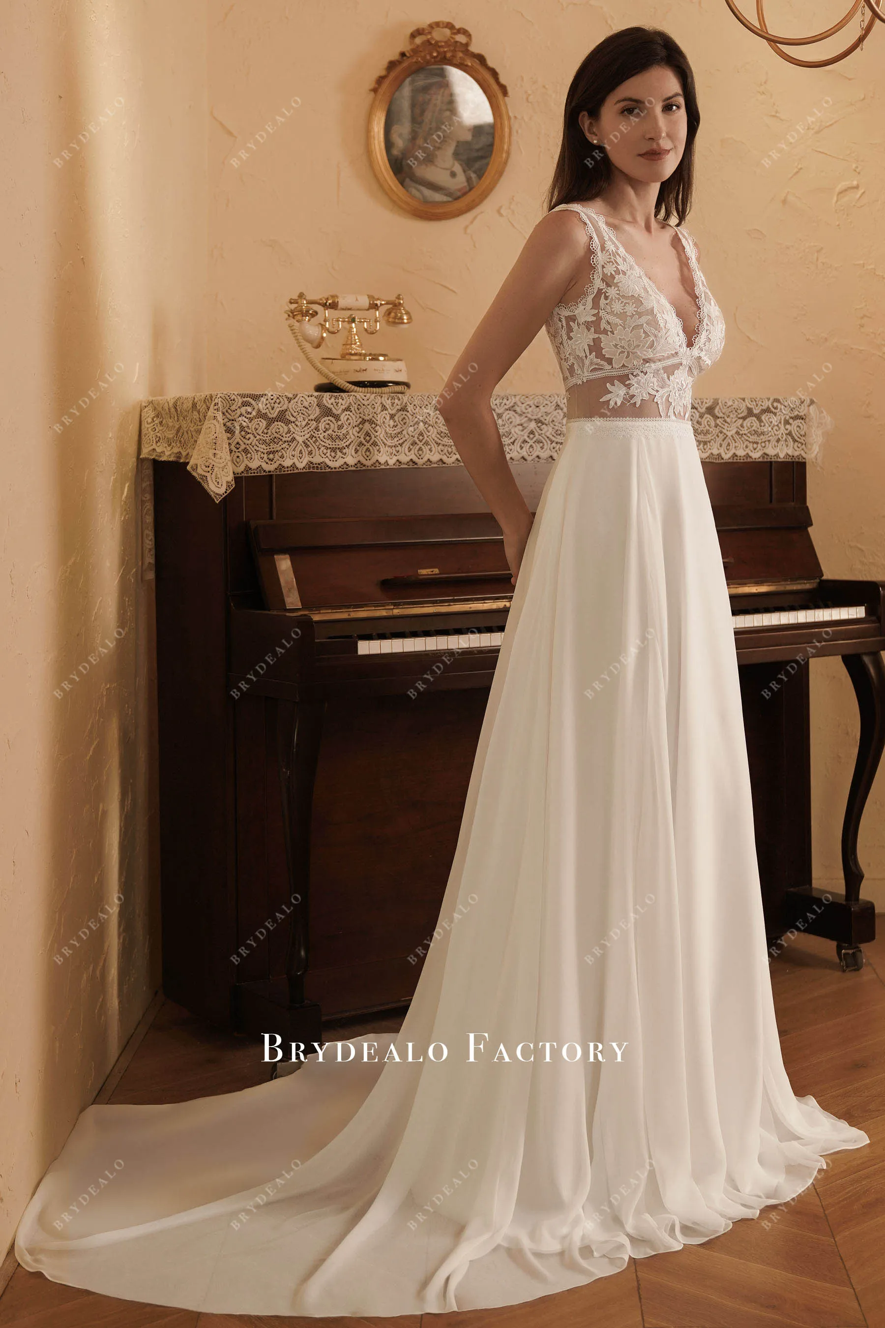 Boho Scalloped Lace V-neck Flowing Chiffon Wedding Dress