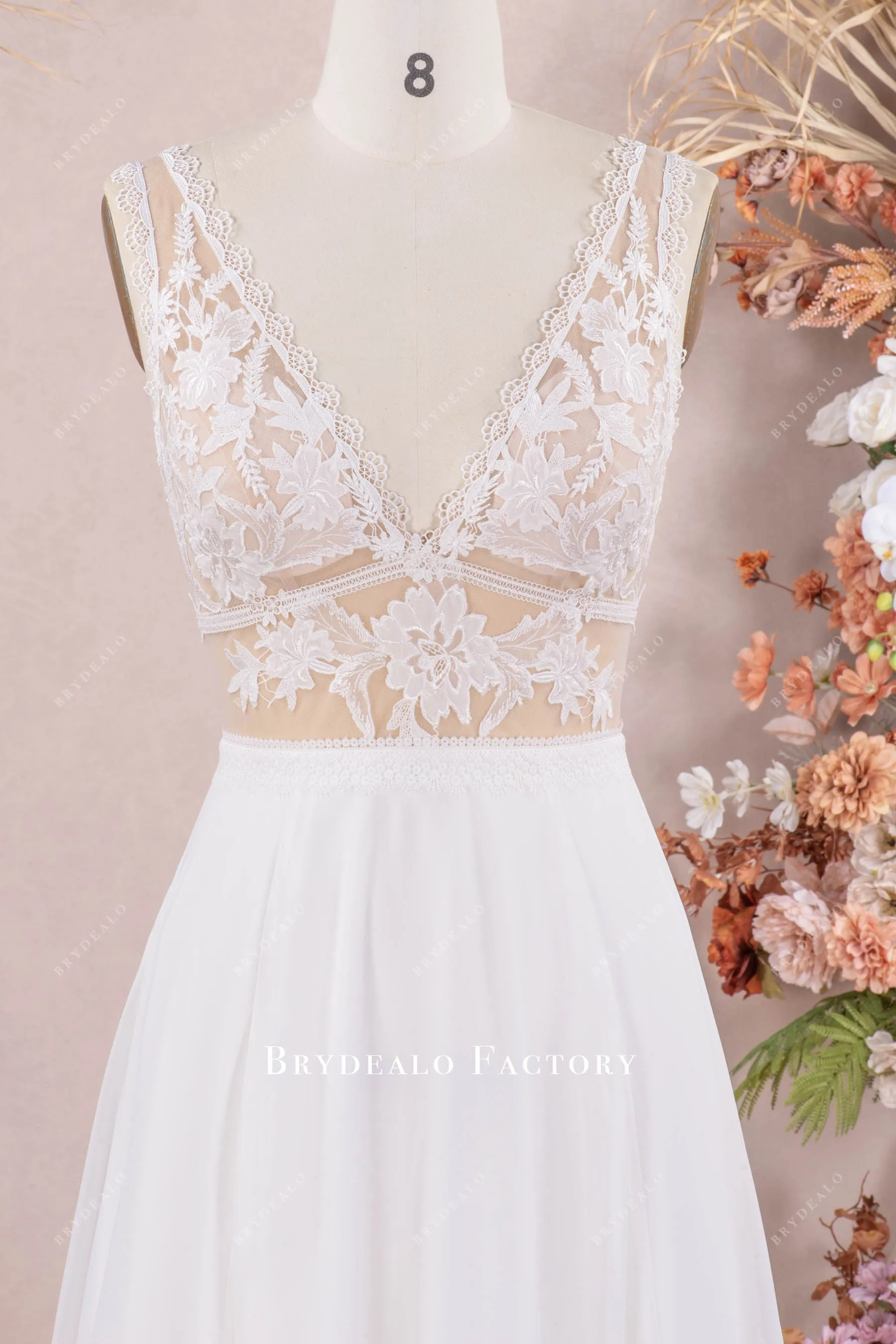 Boho Scalloped Lace V-neck Flowing Chiffon Wedding Dress