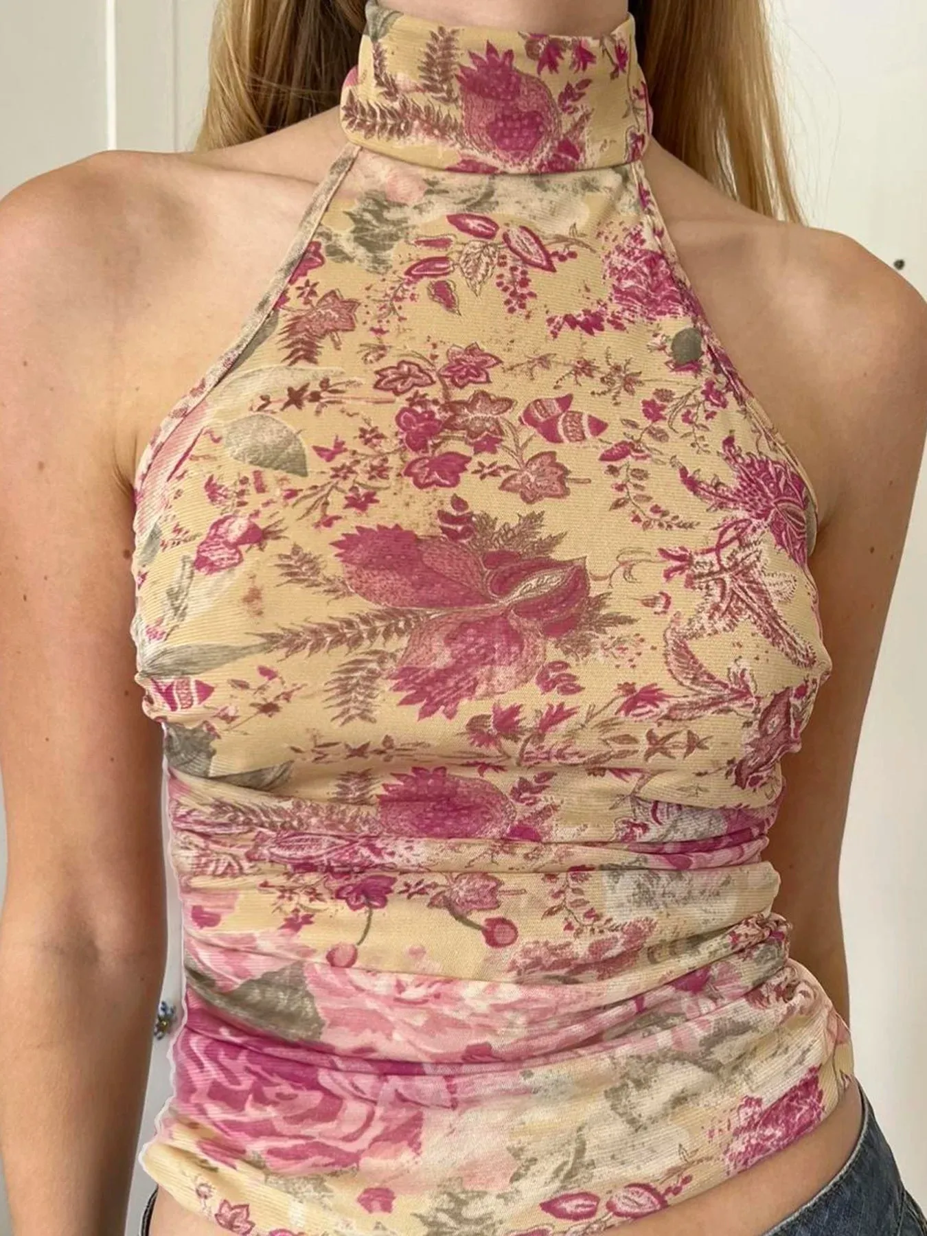 Boho Summer Vintage Floral Print Turtleneck Halter Top Women Backless Sleeveless Elegant Sexy Ruched Two Layer Mesh Tank Vest