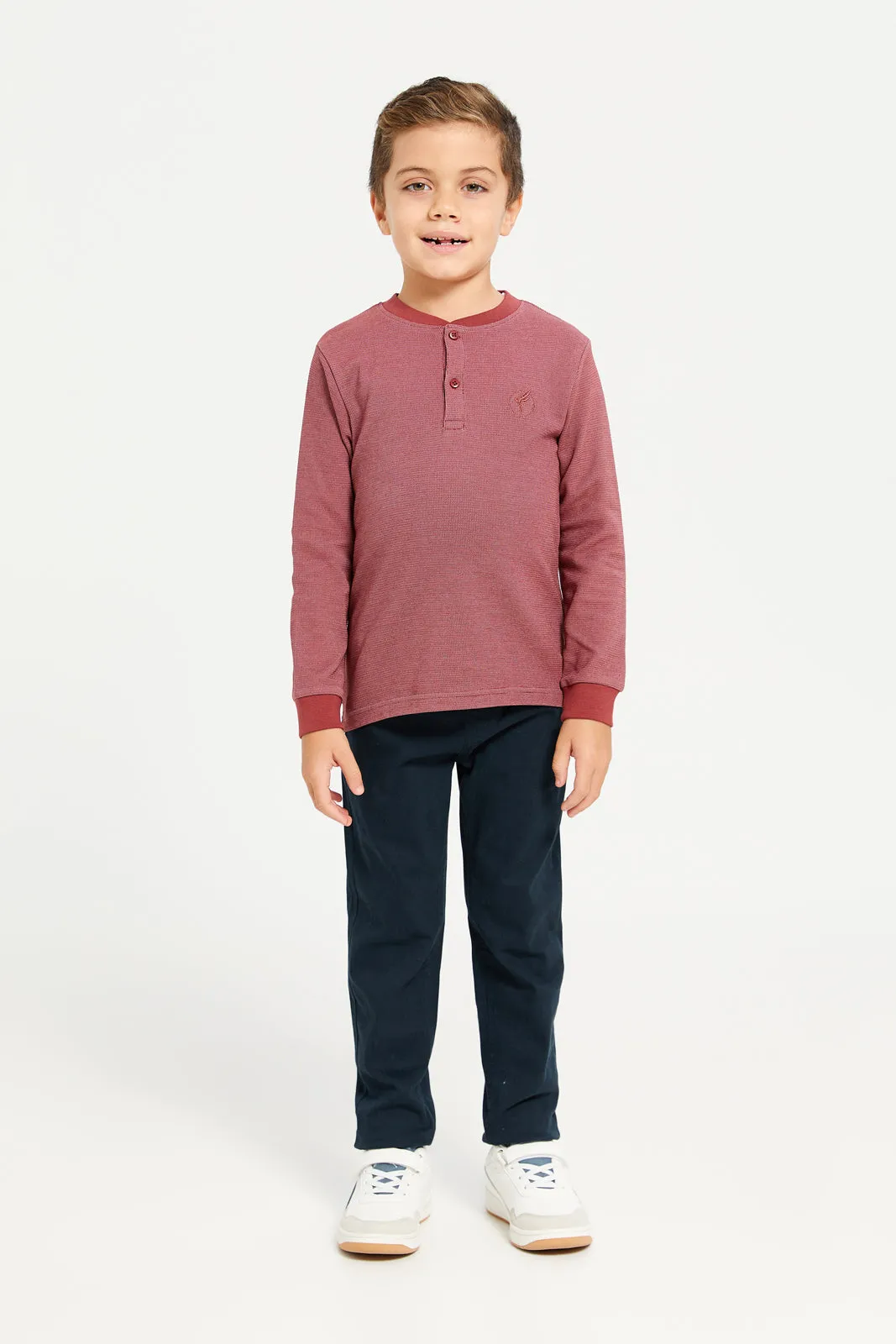 Boys Orange Waffle Fabric Long Sleeve Henley T-Shirt