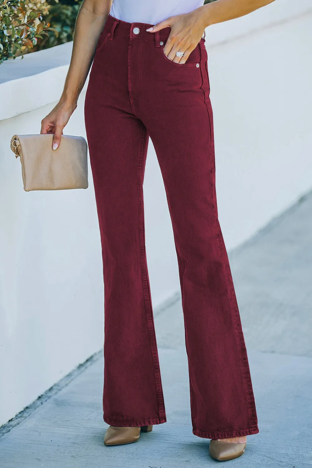 BURGUNDY HIGH WAIST FLARE JEANS