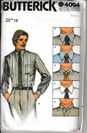 Butterick 4004 Mens' Shirt Collar Variations Vintage 1980's Sewing Pattern