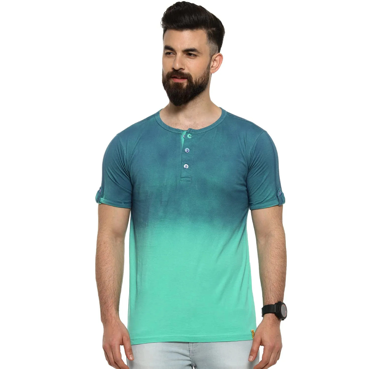 Campus Sutra Men's Blue and Mint Ombre Henley Neck Short Sleeve Regular Fit T-Shirt for Regular Wear | T-Shirt Crafted with Comfort Fit and High-Performance for Everyday Casual Wear