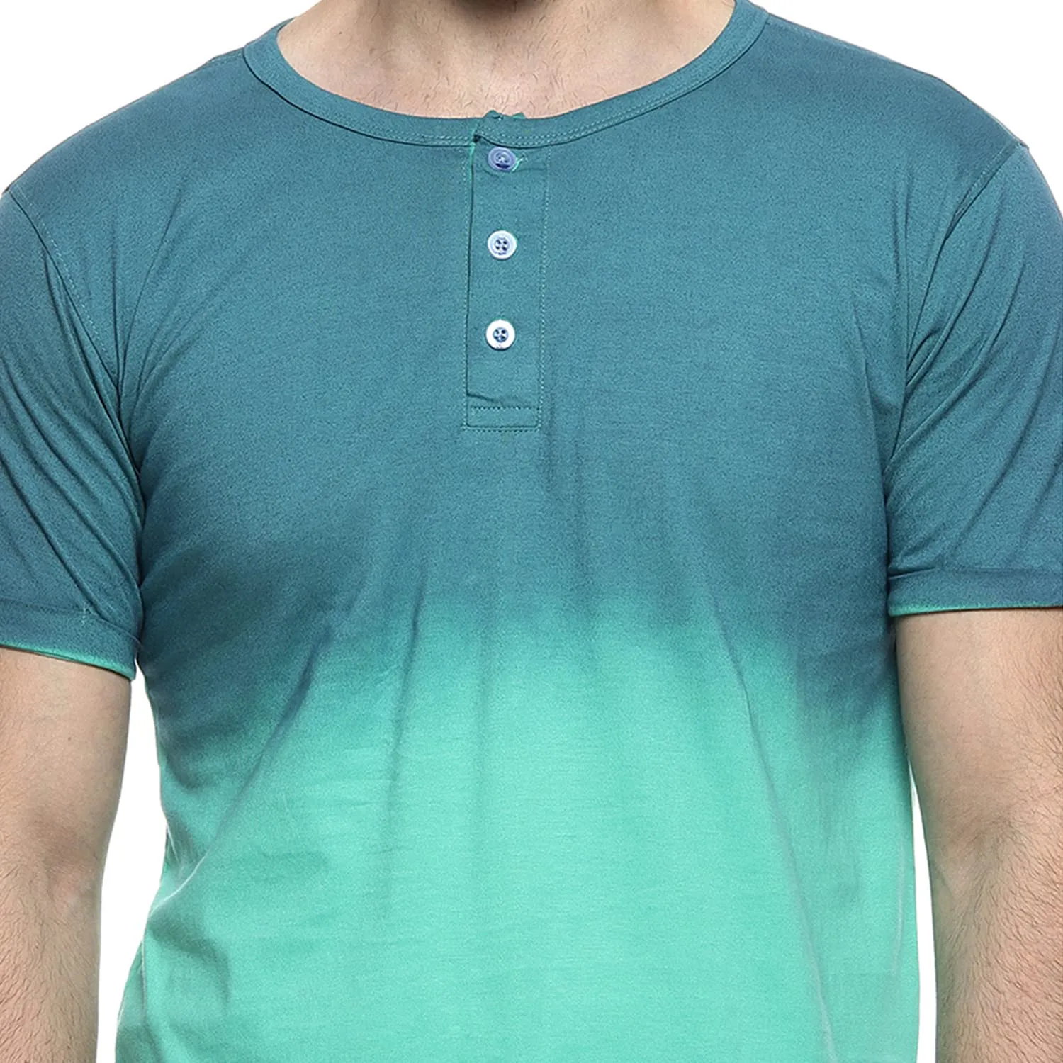 Campus Sutra Men's Blue and Mint Ombre Henley Neck Short Sleeve Regular Fit T-Shirt for Regular Wear | T-Shirt Crafted with Comfort Fit and High-Performance for Everyday Casual Wear