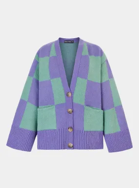 Candice Checked Cardigan With Wide Sleeves - Purple & Green