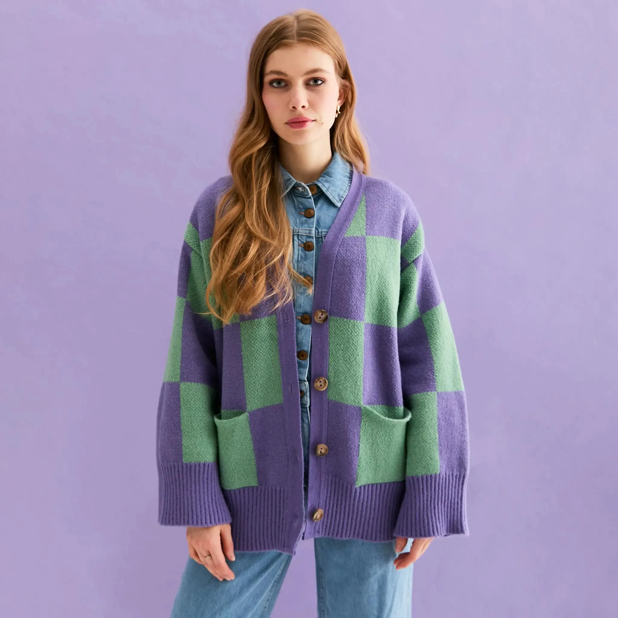 Candice Checked Cardigan With Wide Sleeves - Purple & Green