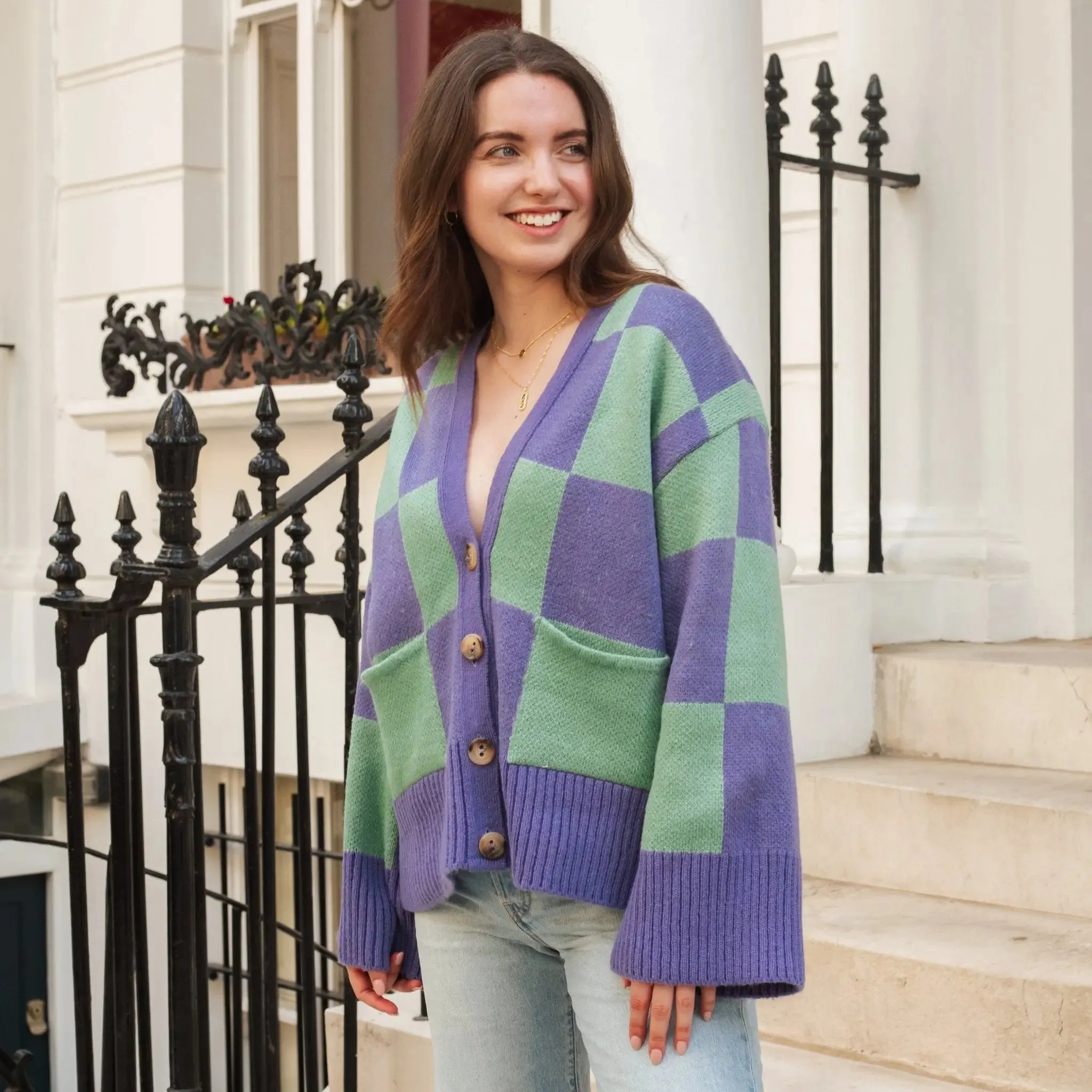 Candice Checked Cardigan With Wide Sleeves - Purple & Green