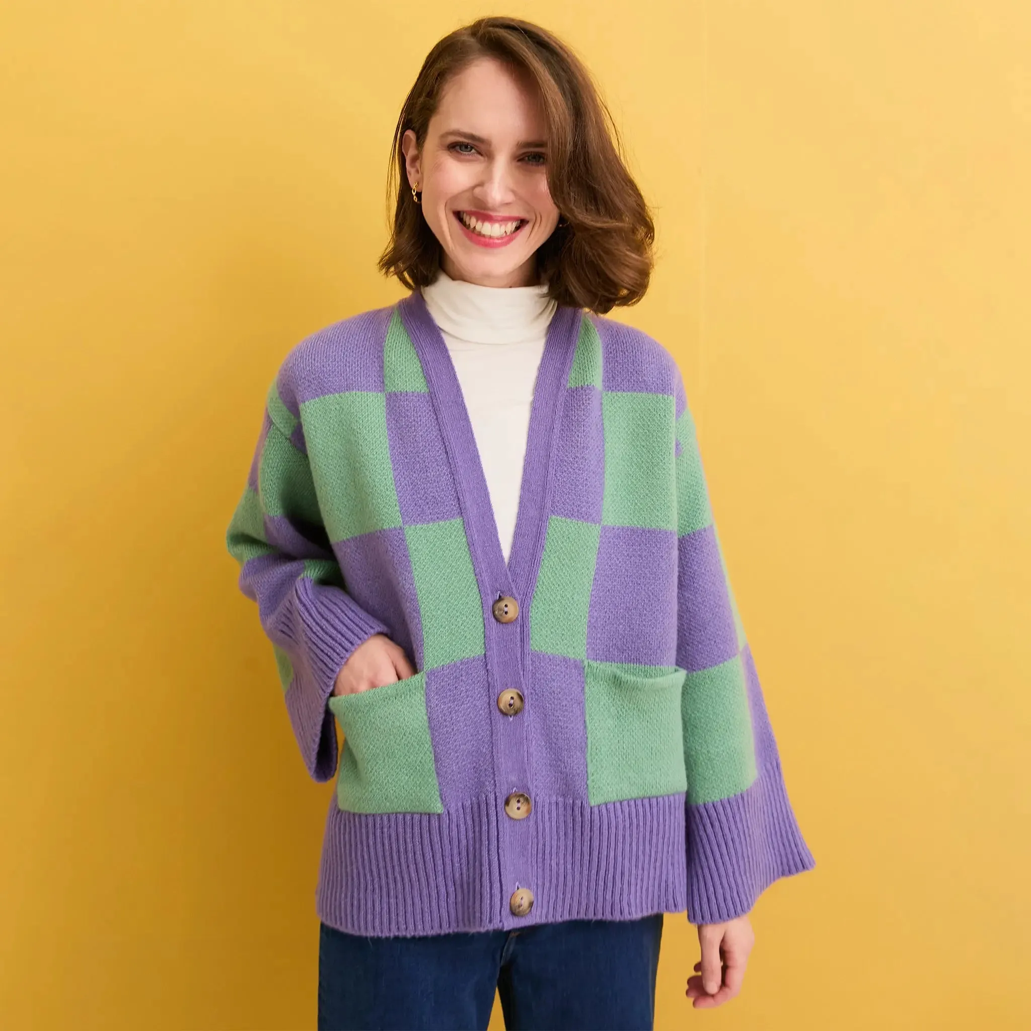 Candice Checked Cardigan With Wide Sleeves - Purple & Green