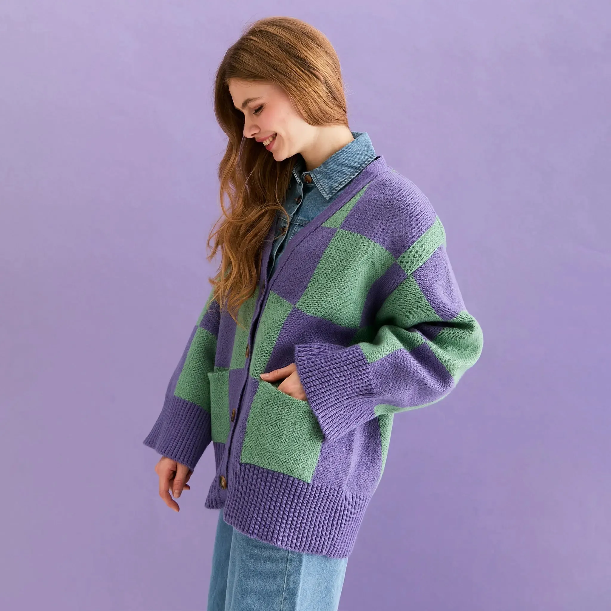 Candice Checked Cardigan With Wide Sleeves - Purple & Green