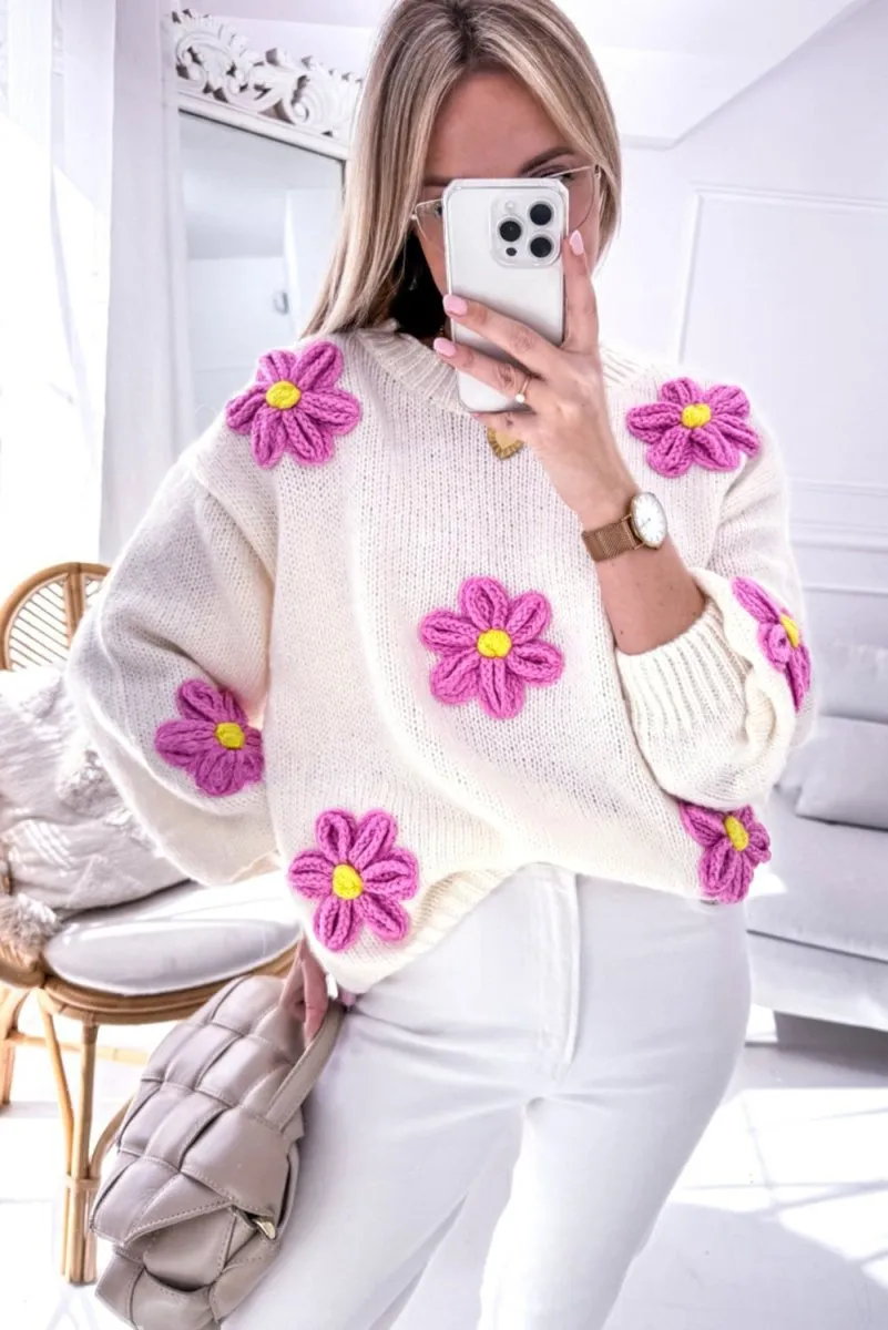 Chunky Floral Crochet Knit Sweater