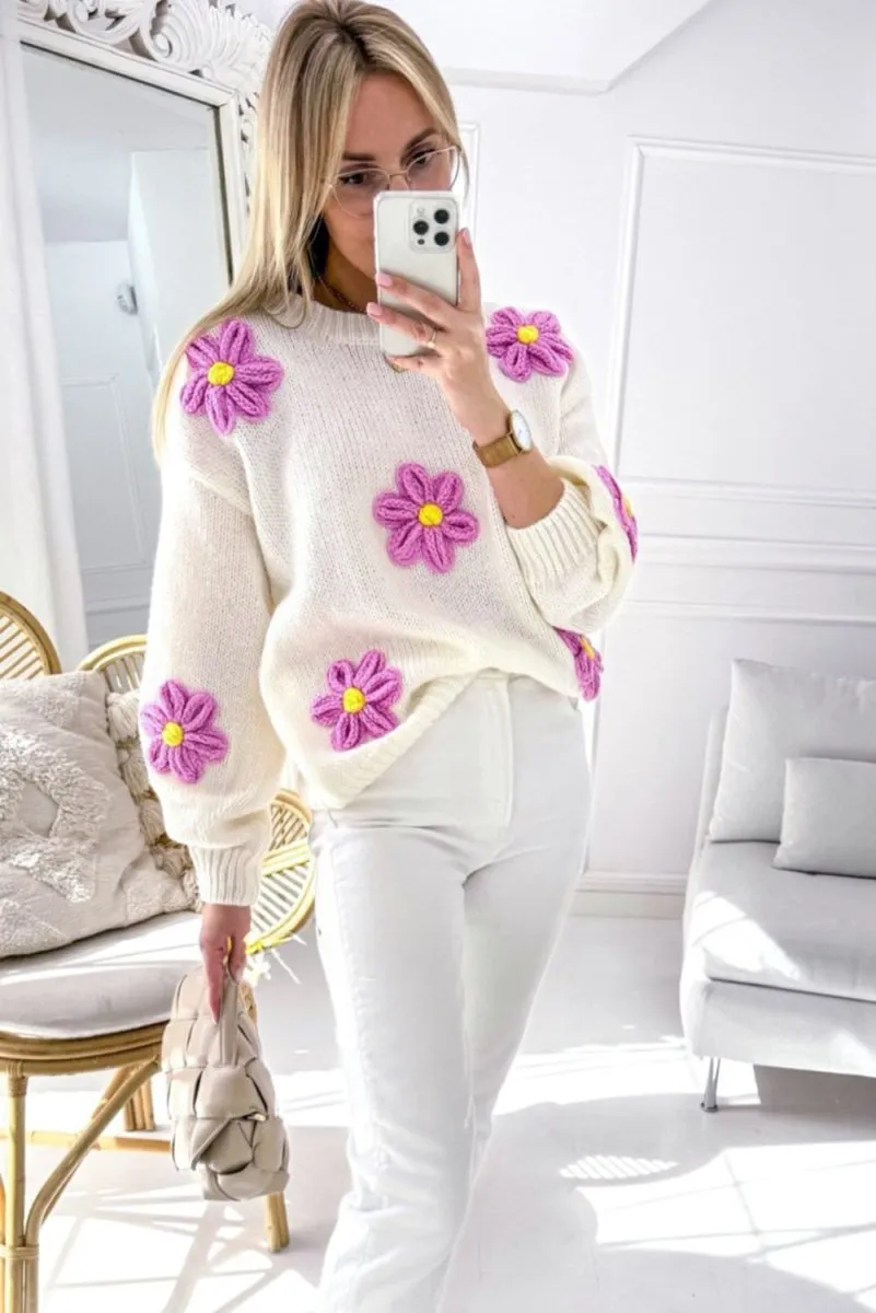 Chunky Floral Crochet Knit Sweater