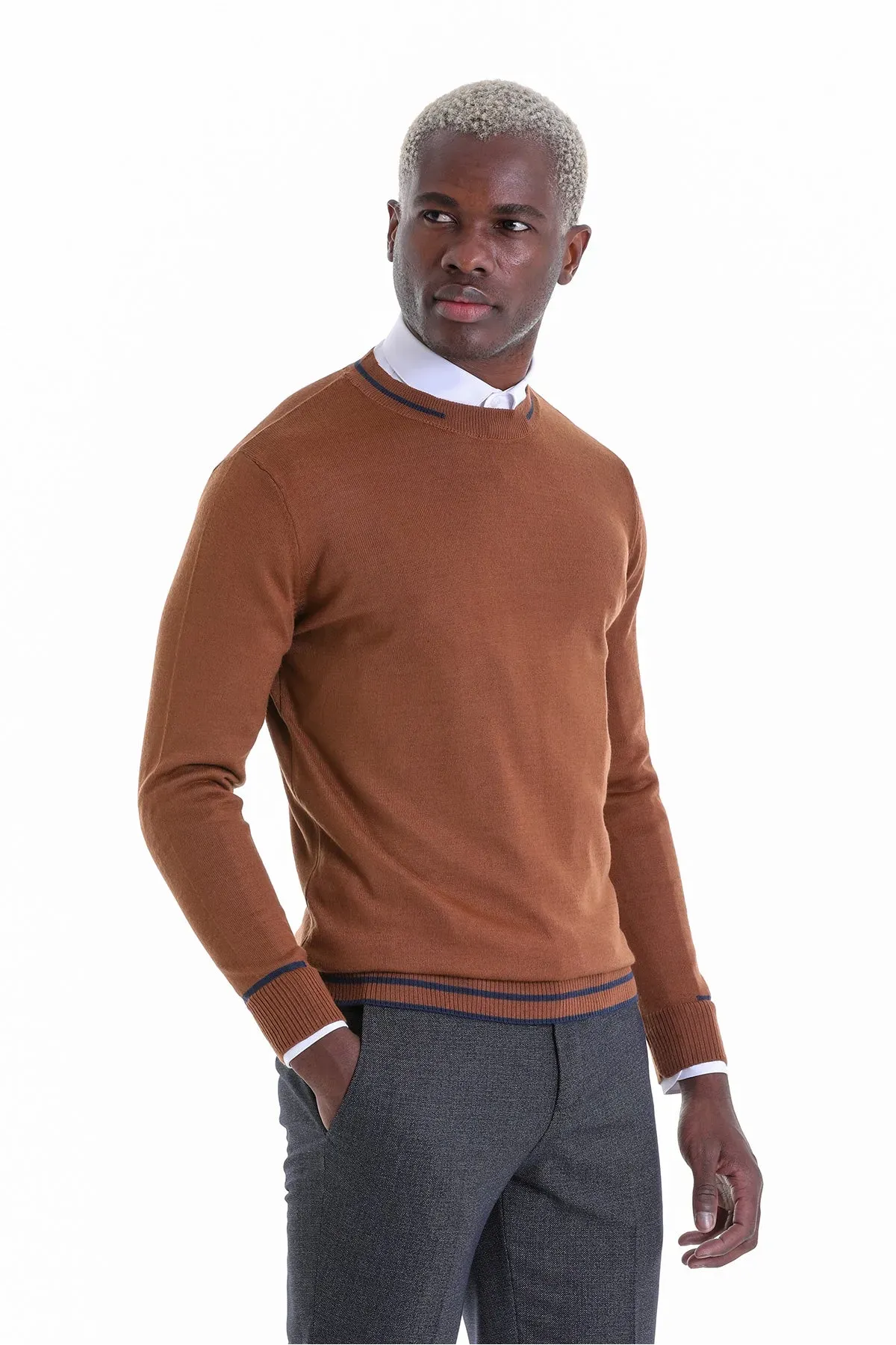 Comfort Fit Wool Blend Tobacco Crewneck Sweater